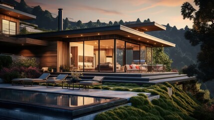 modern and sleek Mid-Century Modern house against a backdrop of rolling hills, blending style with nature
