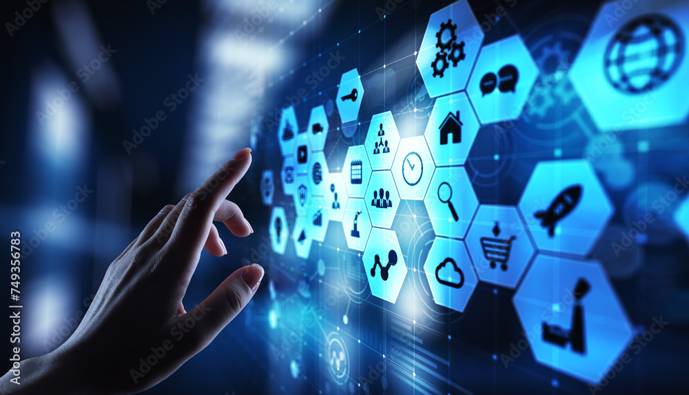 Wall mural mixed media, business intelligence icons on virtual screen, analysis and big data processing dashboa
