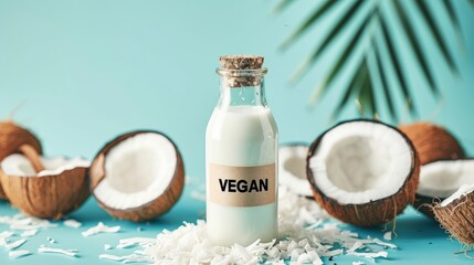 Obraz na płótnie Canvas Close up bottle of coconut milk with a 