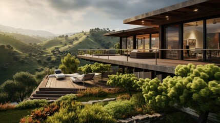 Fototapeta na wymiar modern and sleek Mid-Century Modern house against a backdrop of rolling hills, blending style with nature