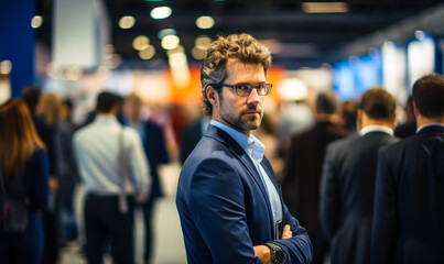 Focused young businessman at an industry conference, observing exhibition stands and networking opportunities in a crowded event hall with blurred participants