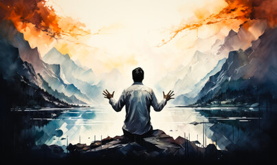 Fototapeta premium Artistic watercolor painting of a contemplative man meditating with outstretched arms, merging with a serene mountainous landscape, symbolizing peace, balance, and oneness with nature