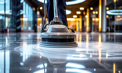 Professional janitorial staff using an industrial floor buffer machine for cleaning and polishing the hallway of a modern corporate or commercial building - Powered by Adobe