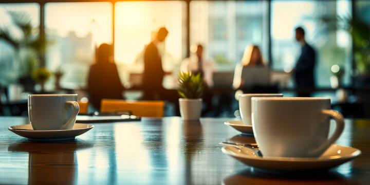 Close-up of coffee cups on a conference room table with blurred business professionals engaging in discussions in a bright corporate office environment - Powered by Adobe