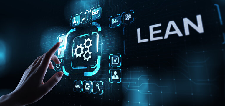 Lean, Six sigma, quality control and manufacturing process management concept on virtual screen.