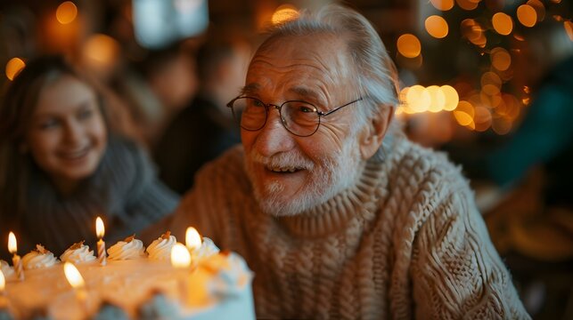 Elderly man celebrates birthday surrounded by loved ones expressing joy and gratitude. Concept Birthday Celebration, Joyful Gathering, Senior Happiness, Celebration of Life, Family Love