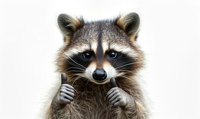 Amusing raccoon giving a thumbs up gesture with a humorous expression, isolated on a white background, embodying positive reinforcement and approval