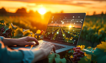 Modern agriculture technology with a person using a laptop to analyze data on sustainable farming practices at sunset in a vineyard