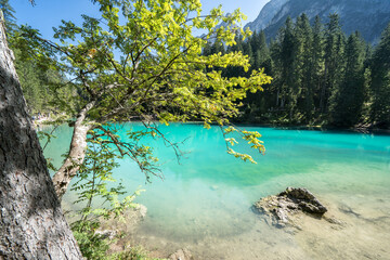 Fototapeta na wymiar Turquoise lake Braies in the heart of the Dolomites, Italy