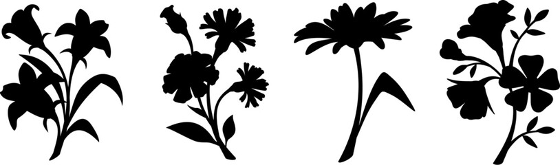 Flowers. Set of black silhouettes of flowers isolated on a white background. Vector illustration