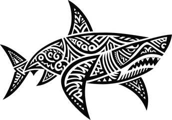 shark, fish animal silhouette in ethnic tribal tattoo, - obrazy, fototapety, plakaty