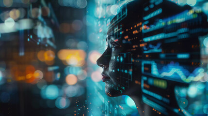 Financial analysis ,smart women trader with abstract stock graph monitor with blur bokeh background.