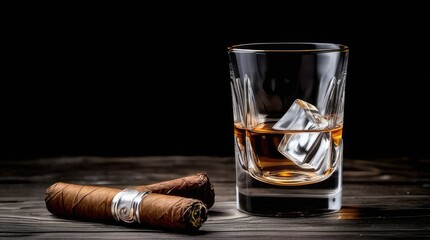 Glass of whiskey with ice cubes and cigar on a dark wooden background
