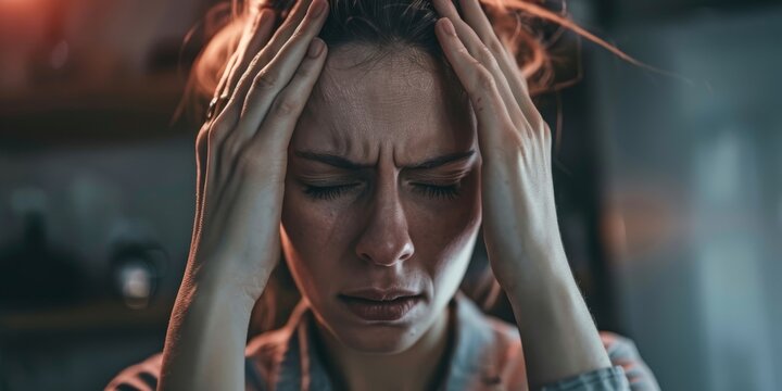 Woman with a severe headache or migraine.