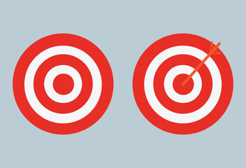 Red round symbol isolated on white, circle icon for shooting target arrow aiming, target for sport game shooting arrow aim, circle point focus of success idea. Vector illustration. Eps file 20.