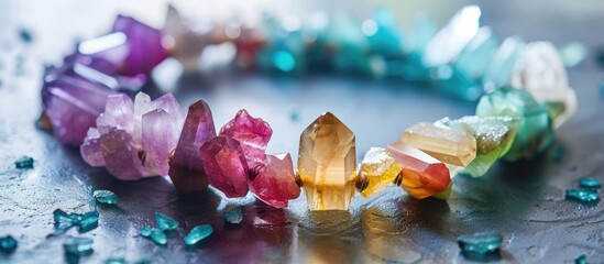 A variety of differently colored crystals are arranged in a cluster on a table, showcasing their unique shapes and hues. The crystals catch the light and create a vibrant display. - obrazy, fototapety, plakaty