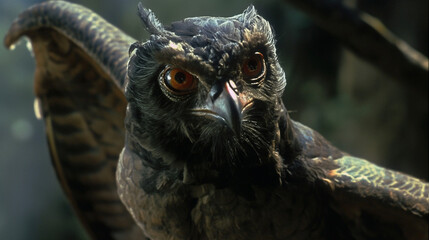 A Mythical Owl with Red Eyes and Black Feathers, Movie Still from a 1980's Fantasy Film that never Existed 