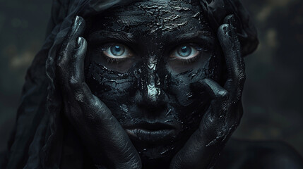 Girl with black make-up. Hand gestures. Dark background. Portrait. Generative AI