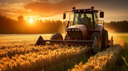 Naklejka premium Panoramic view of ripe wheat field being harvested by modern combine and agricultural machinery