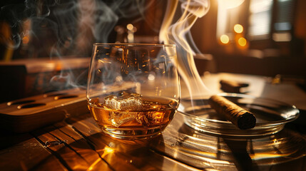 Brandy or whiskey in clear glass with ice cubes. Alcoholic beverages are placed on wooden coasters. Bar drink concept Cigarettes or cigars placed in the ashtray. 3D rendering. Generative AI