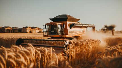 Panoramic view of ripe wheat field being harvested by combine agricultural machinery on sunny day - obrazy, fototapety, plakaty