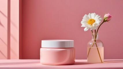 A pink cream jar on a surface with a pink background and a flower vase, shadows cast
