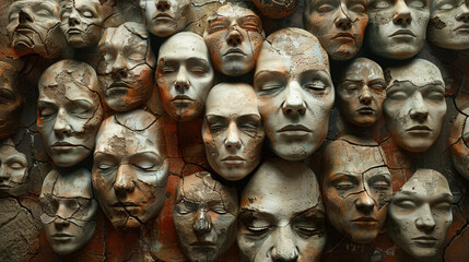 Many faces symbolizing different emotions or multiple personalities. Generative AI