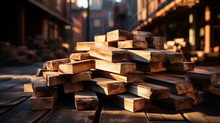 a large pile of wood sitting next to a building сreated with Generative Ai