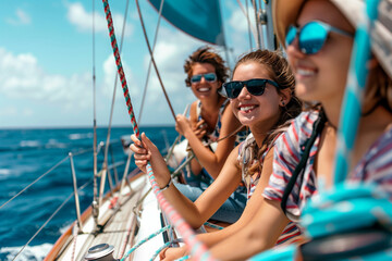 Closeup of young girls enjoy ship of sailing boat ride on a summer sunny day.