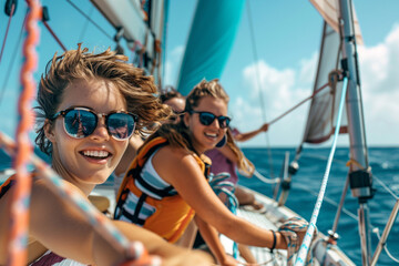 Portrait of group of friends enjoy sailing on sea. Young sailors on summer adventure holiday.