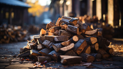 a large pile of wood sitting next to a building сreated with Generative Ai - obrazy, fototapety, plakaty