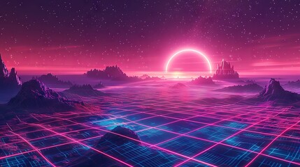 1980s Virtual Frontier with Neon Grid Landscape

