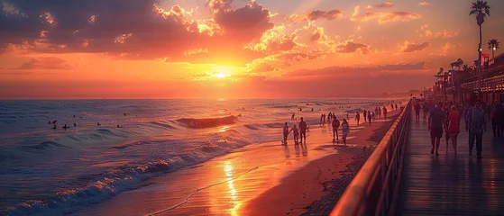 Crédence de cuisine en verre imprimé Descente vers la plage Lively Boardwalk Beach Sunset Scene  