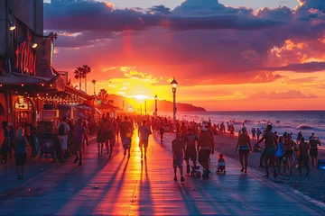 Schilderijen op glas Lively Boardwalk Beach Sunset Scene   © Kristian