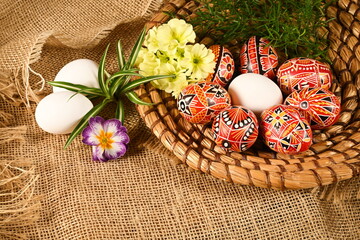 Easter - cheerful colorful Easter eggs - Czech tradition of decorating with wax,still life with...