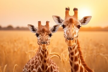Pair of giraffes standing in the savannah - obrazy, fototapety, plakaty