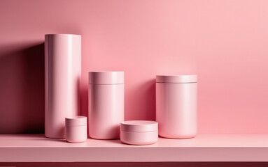 Description: Various sized blank pink beauty product containers on a circular pedestal against a matching pink backdrop