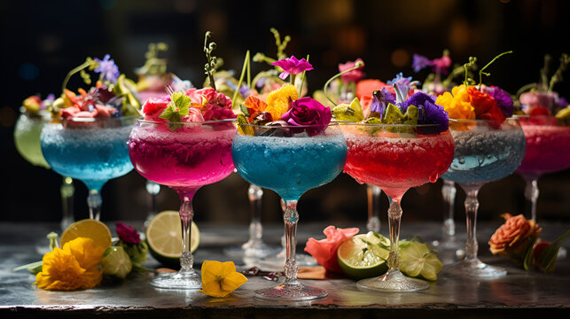 A colorful assortment of rainbow sherbet scoops in small glass cups,Close-up of a vibrant Mangonada margarita cocktail, frozen mango margarita with chamoy, highlighting the rich colors and icy texture