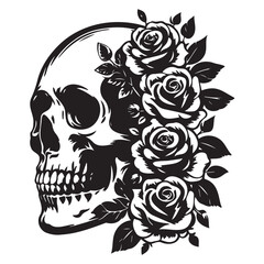 Skull with rose flowers, black silhouette on a transparent background, vector drawing of a skeleton head for stencil, print

