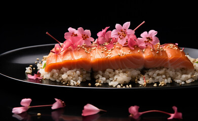 salmon sushi on brown rice with pink flowers, in the style of uhd image сreated with Generative Ai