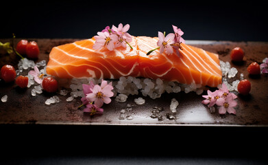 salmon sushi on brown rice with pink flowers, in the style of uhd image сreated with Generative Ai