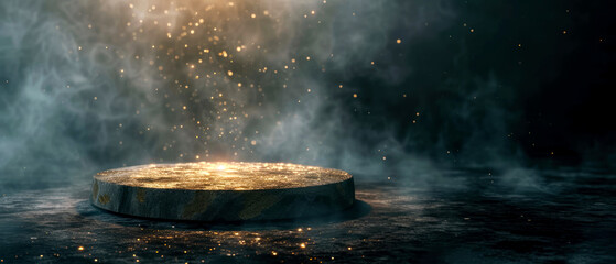 Stone platform, podium with gold shimmer texture, smoke, steam, lights, sparkles on dark background. Mock up with lights effect. Generative AI	