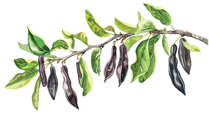 Watercolor carob branch with pods and leaves. Flowerin - obrazy, fototapety, plakaty