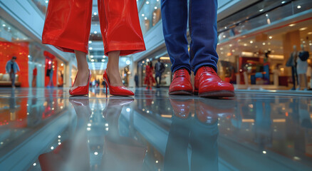  A stylish couple wearing red shoes while taking a stroll in a shopping center