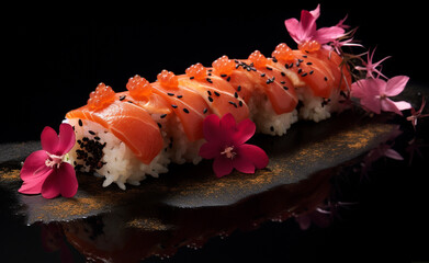 salmon sushi on brown rice with pink flowers, in the style of uhd image сreated with Generative Ai