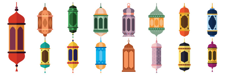 Ramadan lamp flat colorful style set. Old east holiday lamp vector illustration - obrazy, fototapety, plakaty