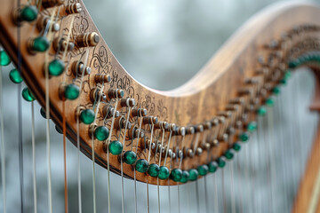 A detailed view of a wooden harp adorned with green beads, symbolizing Happy St. Patricks Day