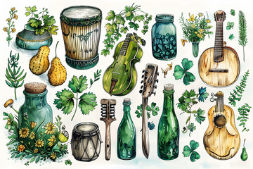 A detailed drawing showcasing a variety of musical instruments associated with Irish music for St. Patricks Day celebration, pattern