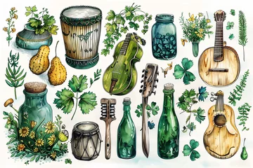 Fotobehang A detailed drawing showcasing a variety of musical instruments associated with Irish music for St. Patricks Day celebration, pattern © alenagurenchuk