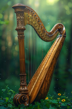 A painting featuring a golden harp standing tall amidst a lush forest setting, symbolizing Happy St. Patricks Day